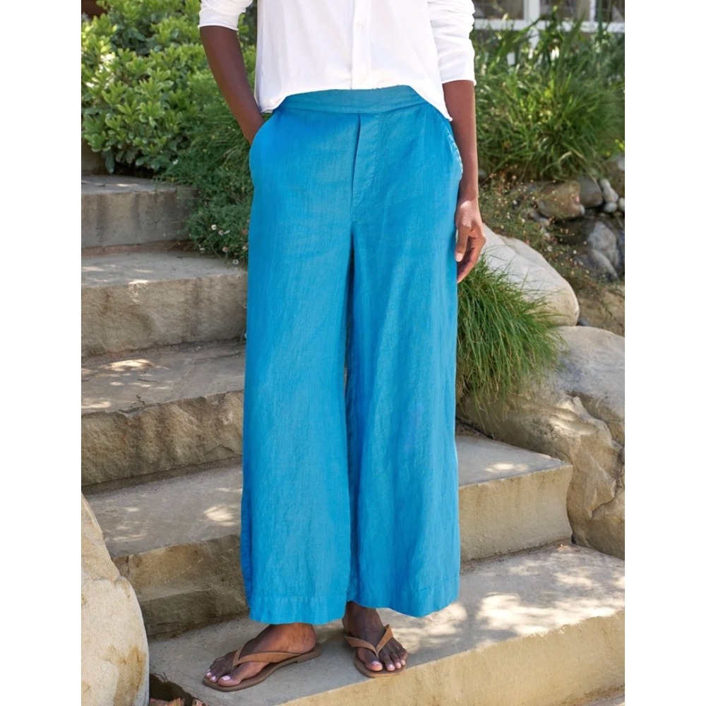 Frank & Eileen Maisie Turquoise Blue 100% Linen Wide Leg Pants XL Elastic Waist